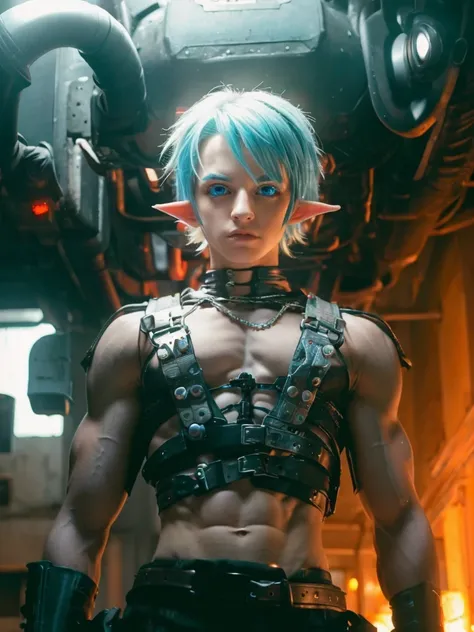 Femboy, cyberpunk style, blue hair, blue eyes, 1boy, elf ears, without , six pack abs, cute face, naked