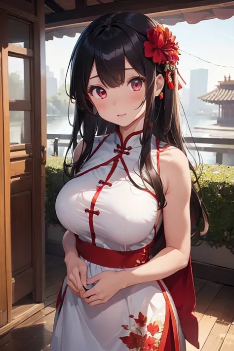 1girl,bush,fashi-girl,china dress,chinese clothes,hair flower,(masterpiece:1.4),(best quality:1.4),(shiny skin),red lips,looking at viewer,big breasts,cleft lip