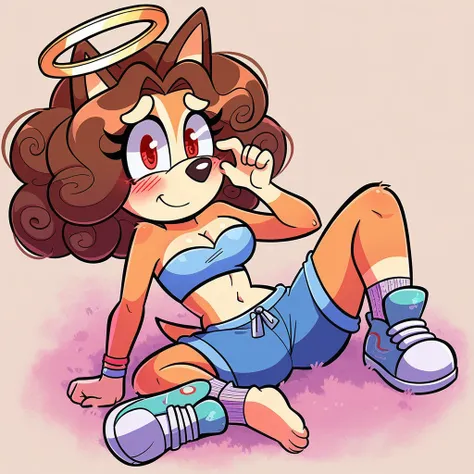 score_9, score_8_up, solo, mobian, hedgehog, two-tone fur ((orange fur, brown fur)), pyjama elastic shorts, strapless crop top, cleavage, high-top sneakers, two-tone hair (brown hair, black tip)), curly hair, halo, sunglasses, jewelry, red eyes, longeyelas...