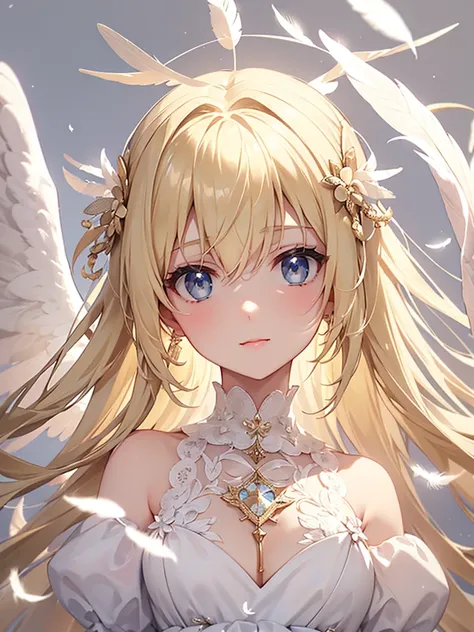 masterpiece, Angel Girl, Blonde with wings, White dress with feathers, Close-up portrait, Delicate face, Lots of feathers, silver