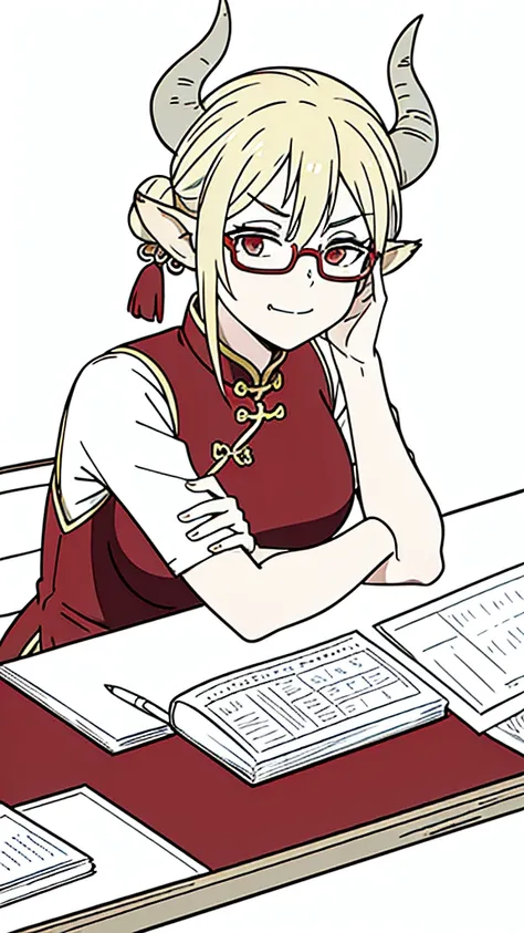 1girl,40 years old,milf,solo,(smug),blonde hair, short hair,(cow ears),((sitting,crossed legs)),red dress,double bun,bun cover,china dress,chinese clothes,short sleeves,horns,glasses,(white background,line drawing),upper body,crossed arms,pov across table