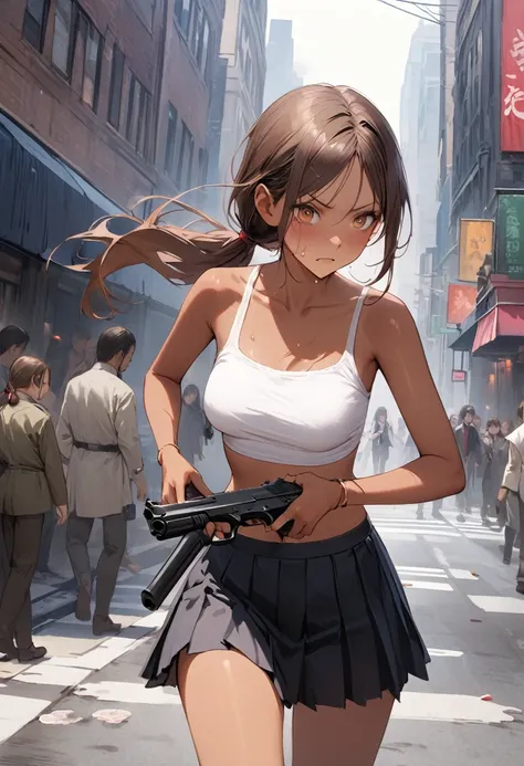 Dynamic gun action scenes、Woman shooting down zombieasterpiece,Highest quality:1.3,best quality illustration)),(realistic),cowboy shot,独奏,1woman,25 year old beauty,brown hair,(low ponytail hair),long hair,bangs,brown eyes,(gorgeous big eyes),((very small h...