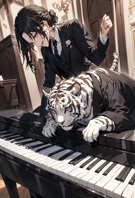 A tiger playing the piano，Black Tuxedo