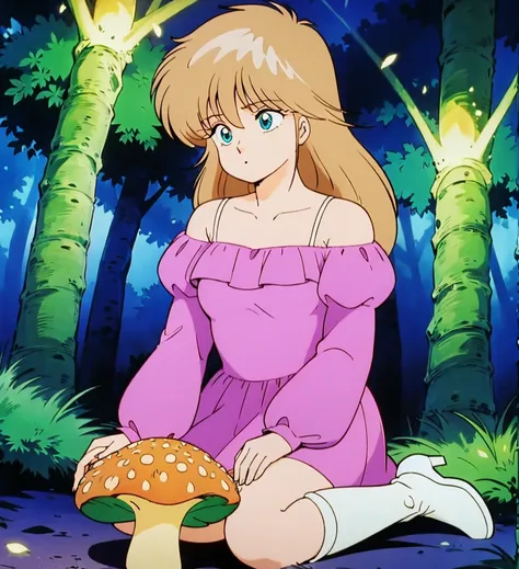 A light blonde haired anime girl with pale blue purple eyes、Wearing a pink off-the-shoulder puffy sleeve dress and knee-length white boots、Under the stars、Sitting in the woods next to an orange mushroom surrounded by fireflies。  