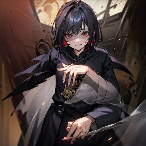 A young boy with black hair, androgynous features, Red eyes, black clothes and looking straight at the camera with a smile on his face, as if he were seeing the love of his life (Neutral colors: 1.2), (HDR: 1.4), (Soft colors:1.2), hyperdetailed, (art stat...