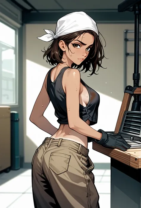 masterpiece, best quality, mature woman, messy hair, black hair, brunette gradient hair color, hot face, (tomboy face), tan skin, mature body, fit body, medium breasts, mechanic gloves, (dirty tank top), stained tank top, midriff, white bandana, mechanic p...