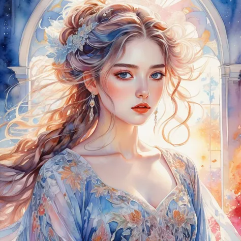 A beautiful anime-style watercolor illustration, masterful detailed portrait of a young woman with piercing eyes, long eyelashes, delicate facial features, flowing hair, ornate dress, standing in an ethereal celestial background, dramatic lighting, vibrant...