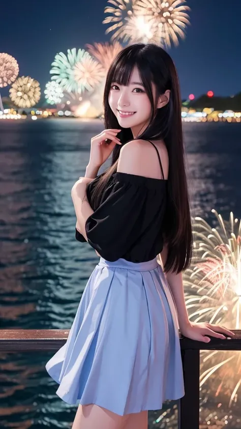 Have long flowing hair、Very Beautiful Japan Woman。She is wearing a skirt、He has striking bluish-black eyes and a bright smile.。The background is the seaside at night、Watching fireworks。
The image style is realistic.、It adds a touch of glamour.。