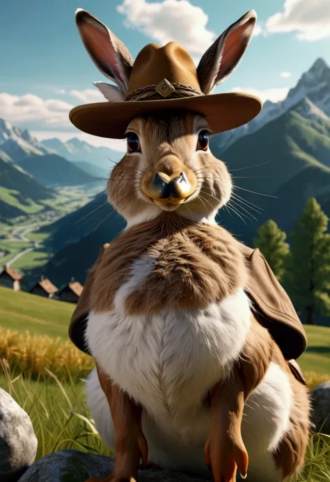 A detailed, hyperrealistic 4K representation of a Bavarian Wilpertinger from a duck, A rabbit, and a deer, with Tyrolean hat, with sharp edges, in a mountain landscape in the background for print on demand in comic style 