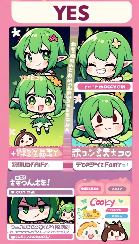 fairy girl, shady, green fairy, smol, cute, kawaii, happy, yes, smirking, cocky, emote, character profile 