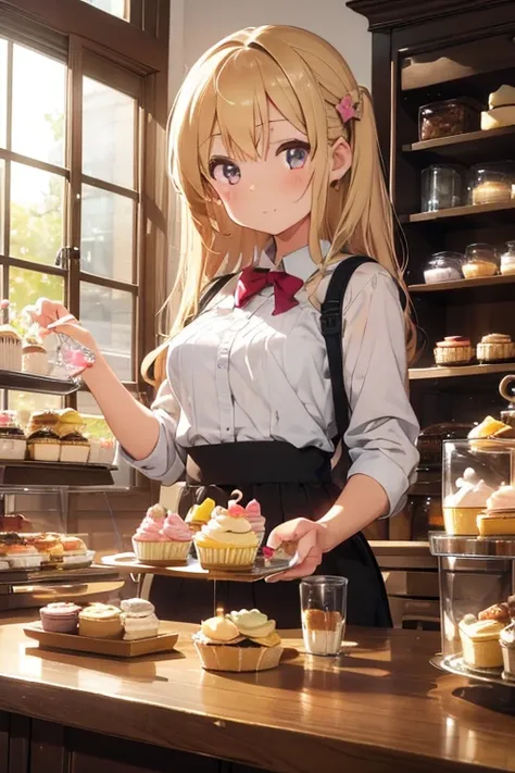 masterpiece, highly detailed, (chibi:1.3), , (1girl), blonde hair, pastel colors, cozy atmosphere, dessert display case, macarons, cupcakes, tarts, cakes, coffee machine, chalkboard menu, natural lighting, glass jars filled with candy, frosted window panes...