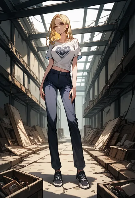 Masterpiece, best quality, Masterpiece, best quality, 1 woman, long blonde hair , Purple cropped t-shirt , ยีนส์Long legs , Unbutton your pants. , big breasts , abdomen , Long legs , Put your hands on your hips.... , shoe , full body , abandoned factory , ...