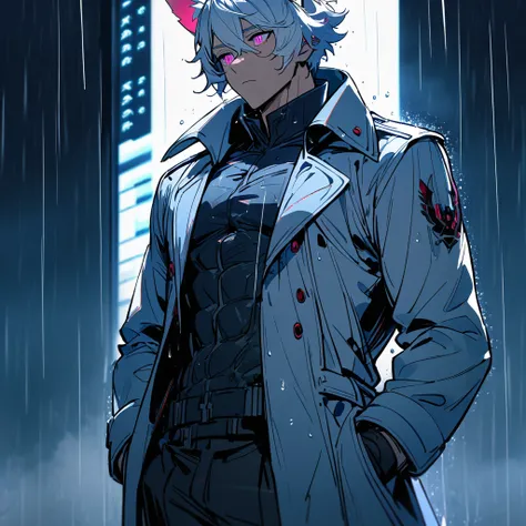 1 men, short white hair, eye pink, Kitten ears, wearing a white overcoat, wearing gloves, slightly muscular body, at night, raining, front view, on a plain , Hand in pockets, 4K, bright coloured, tall quality, close up no rosto, raining, detailed shadows