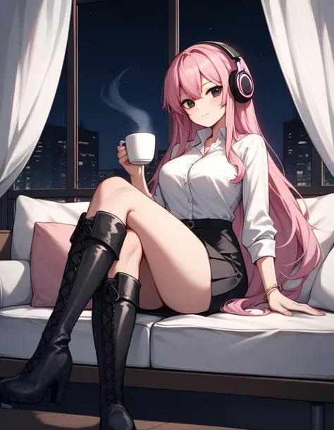 score_9, score_8_up, score_7_up, score_6_up, score_5_up, score_4_up, source_anime, 1woman, pink hair, long hair, black eyes, sitting at the sofa, table, white shirt, skirts, very high boots, crossed legs, black boots, platforms, coffee, headphones, dark ro...