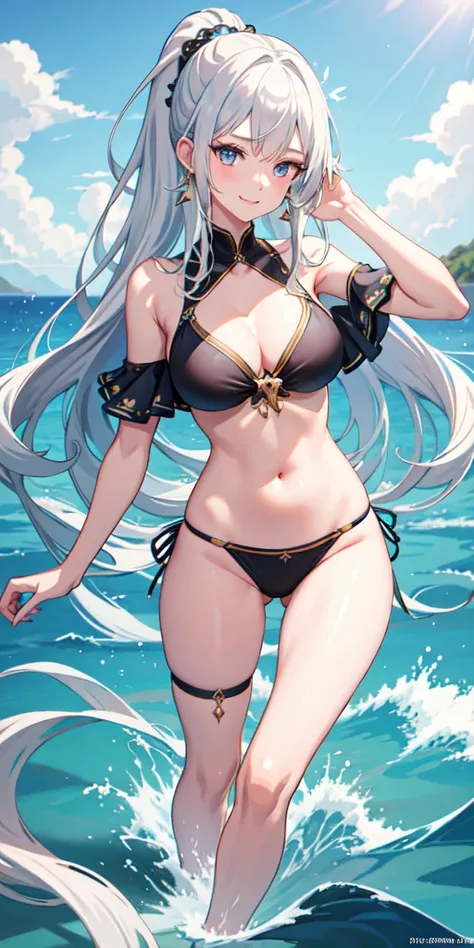 High resolution, masterpiece, accurate, Highest quality, Winner of numerous awards, High-resolution model, 

Heavy bangs，Silver Hair，Wet Hair，Super long hair，ponytail，
slender，White skin，Medium chest Ice blue eyes，Sharp, thin eyebrows，smile，
Seaside，Wester...