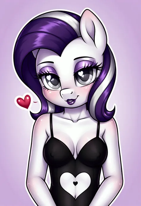 My little pony, (anthro), ((childrens school form)), ((two-tone hair with black on top and white underneath)), pale white body, gray eyes, medium breasts, purple lips, perfect lines, heart cutie mark, seductive pose