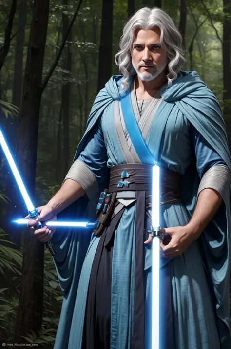 Rax Valoren "A seasoned Jedi Master with silver hair and a long, flowing robe stands in a tranquil forest, holding a glowing blue lightsaber. His calm and wise expression reflects his deep connection to the Force."
