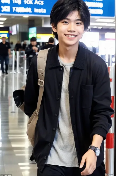 An Indonesian Malaysian boy has a big smile on his face, while standing at the airport and being photographed by paparazzi. He has a modern clothing style, black hair, world, yes also well styled he has dimples ￼￼