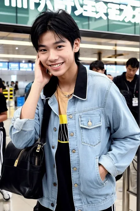 An Indonesian Malaysian boy has a big smile on his face, while standing at the airport and being photographed by paparazzi. He has a modern clothing style, black hair, world, yes also well styled he has dimples ￼￼