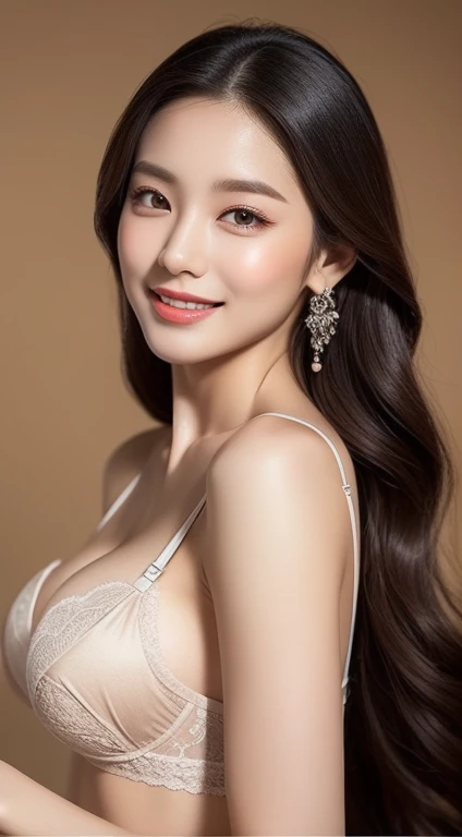 korean woman、goddess、perfect body、charming、Length of skin and fabric、small mouth、Fine lip texture、detailed eye texture、narrow eyeball、Long eyelashes、Double eyelids、breast closeup、Fully wrapped around the chest、Full cup design bra、Full cup bra、smile、15 degr...