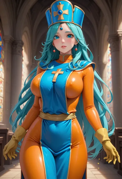 1girl, solo, female priest, dragon quest 3, large breasts, very long hair, cyan hair, straight hair, yellow gloves, orange bodysuit, bodysuit under clothes, blue tabard, blue priest hat, masterpiece quality, intricate detail, 4k resolution, ultra hd