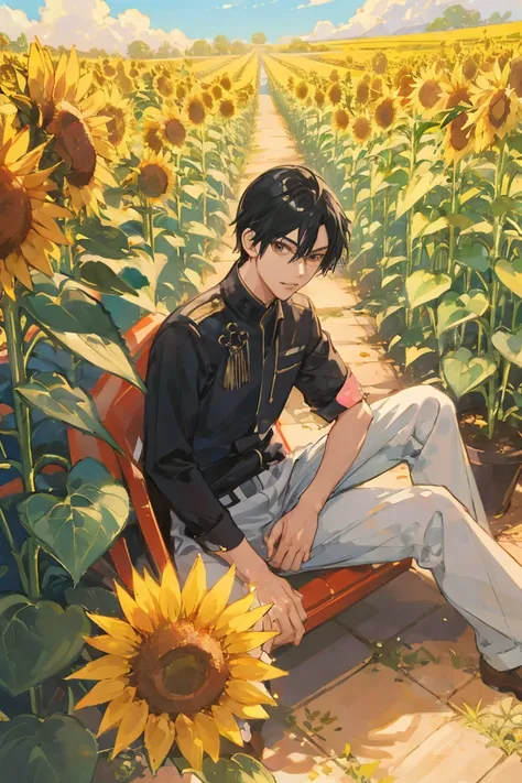 Painting of a boy sitting in a flower bed, 1boy, coronation of Prince of Flowers, Official Anime Artwork, Prince of Flowers, scene : Sunflower field, scene: Sunflower field, bright summer day, Poster ; summer, Official artwork, Yellow sunshine, shigenori s...