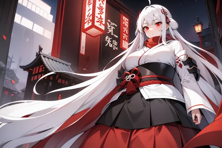 1girl, white hairs, red eyes, white-red  kimono, long hair, katana, red scarf, massive breasts, mature, Oni, armored skirt, lake, night