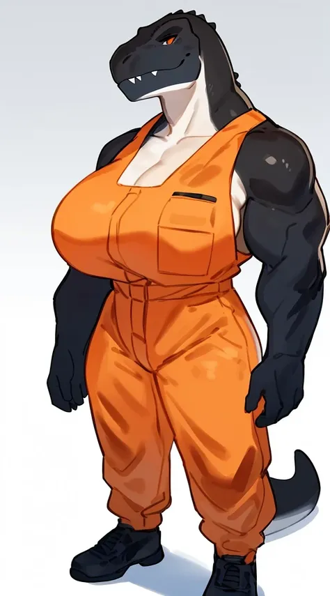 By bebebebebe, by lostgoose, by goonie-san, by buta99, by con5710, ((female)), tyrannosaurus, dinosaur, t-rex, smirking, big breasts, (muscular, buff, giant, strong, enormous, broad shoulders, big head), ((white and orange jumpsuit)), black body armor, bla...