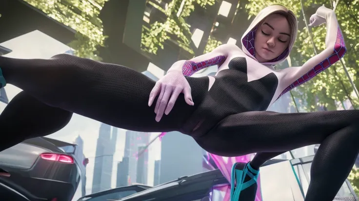 A realistic, hyperrealistic Spidergwen with athletic muscle, textured saturated white black and pink trage, (best quality,4k,8k,highres,masterpiece:1.2),ultra-detailed,(realistic,photorealistic,photo-realistic:1.37),professional,vivid colors,bokeh, full bo...