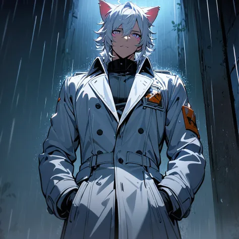 1 men, short white hair, eye pink, Kitten ears, wearing a white overcoat, wearing gloves, slightly muscular body, at night, raining, front view , Hand in pockets, 4K, bright coloured, High quality of details, close up no rosto, raining, detailed shadows