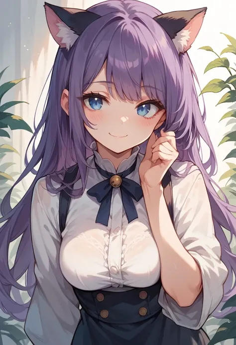 1girl, Blue eyes, Long Hair, Bangs, Purple Hair, Breasts, Smile, Blush, Light Smile, cat ears