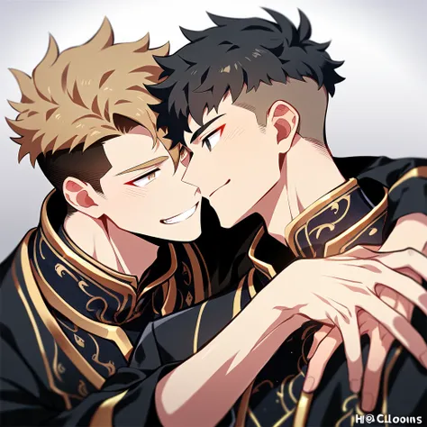 2 young men, focus man , Yaoi, pair,smile, (human, short hair, black hair, black eyes,He wore a black robe with some gold embroidery. ),  ( loongs, human, Brown blonde hair, Undercut style, light brown eyes ,wear knight costume) , Fantasy, The best aesthet...