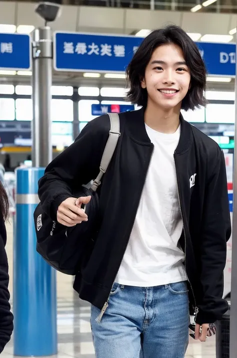 An Indonesian Malaysian boy has a big smile on his face, while standing at the airport and being photographed by paparazzi. He has a modern clothing style, black hair, world, yes also well styled he has dimples he is tall and waves short hair