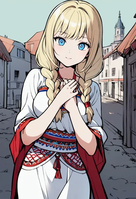 1 girl with long blonde hair, hair braided into two braids, Blue eyes, A curious face, medium breasts, white Slavic dress, holds his hands to his chest, Slavic village in the background, 