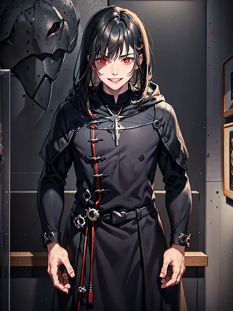 a young man with black hair, red eyes, black clothes and looking straight ahead with a wide smile, happy to see the love of his ...