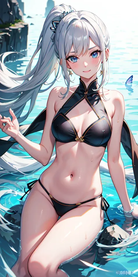 High resolution, masterpiece, accurate, Highest quality, Winner of numerous awards, High-resolution model, 

Heavy bangs，Silver Hair，Wet Hair，Super long hair，ponytail，
slender，White skin，Medium chest Ice blue eyes，Sharp, thin eyebrows，smile，
Seaside，
Butte...