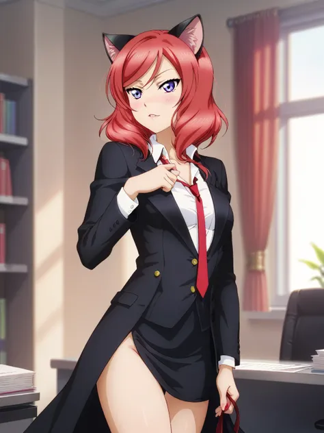 masterpiece, best quality, cowboy shot, nishikino maki,red hair, purple eyes, black formal suit, untied neck tie, Sexual seduction, sexualised,cat ears ,in office 