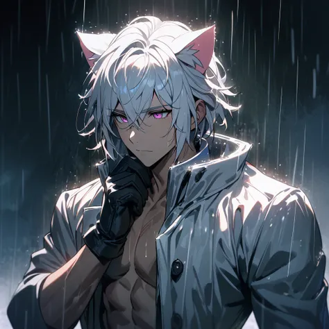 1 men, short white hair, Super detailed pink eye, Kitten ears, wearing a white overcoat, wearing gloves, slightly muscular body, at night, raining, front view, 4K, bright coloured, High quality of details, close up no rosto, raining, detailed shadows, in a...