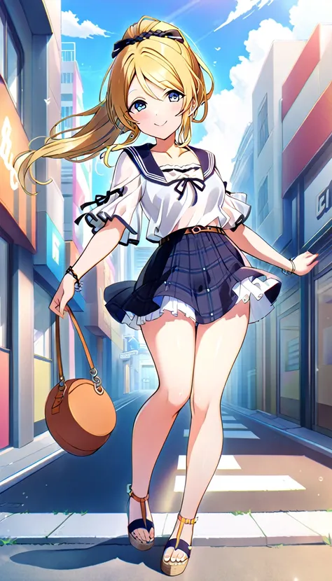 18-year-old adult woman, Eri Ayase, full body, wearing clothes for going out in the city in midsummer, medium chest, id_eli_ayase, city background, 8k