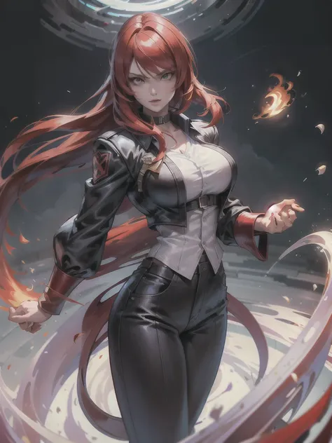 30-year-old woman, alone, alone, athletic, sensual, big breasts, red nails, long pixies, semi-short red hair, wears brown pants, white shirt, open black jacket, video game character, The King of Fighters, Iori Yagami, blue fire, cinematic, ultra-sharp focu...