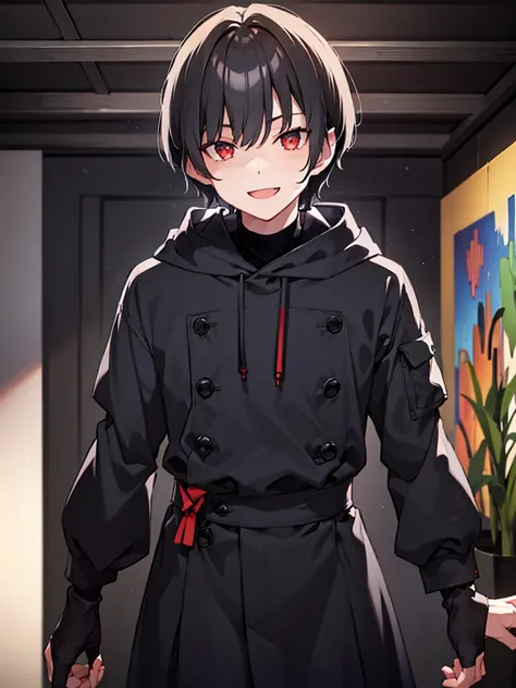 a young man with short black hair below his ears, red eyes, black clothes and looking straight ahead with a wide smile, happy to...