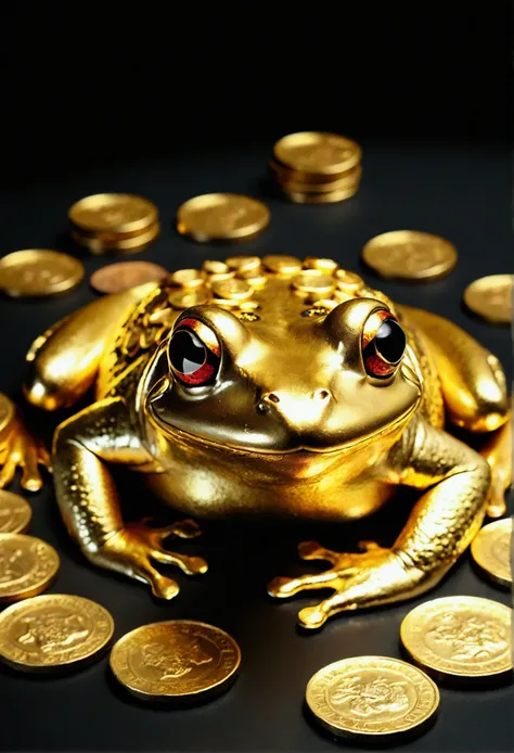 A golden frog covered in a pile of gold coins, With inscription "loki" To them (Highest quality, Realistic, Vibrant colors), Shining brightly under the studio lights. The golden frog is beautifully detailed, With sparkling eyes and a mischievous smile. Gol...