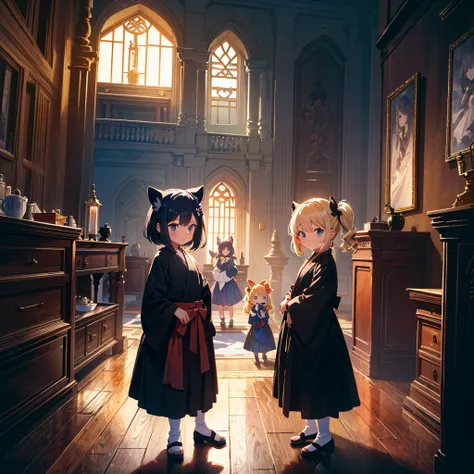 High-definition background, bright and beautiful atmosphere, 3 girls (2 years old, (1 short-tempered round face), (1 child)) (hair, surface effects), color effects), small breasts, blonde hair, inside the castle ,Luxurious room Girls dressed as ninjas, gir...