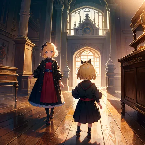 High-definition background, bright and beautiful atmosphere, 3 girls (2 years old, (1 short-tempered round face), (1 child)) (hair, surface effects), color effects), small breasts, blonde hair, inside the castle ,Luxurious room Girls dressed as ninjas, gir...