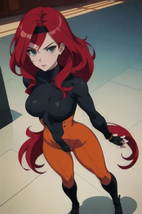 ((Full body photo, standing, on the floor)) straight-on,upper body,looking at viewer,BREAK, 
CARTOON_jeangrey_costume_ownwaifu,www.ownwaifu.com,
long hair,makeup,lipstick,red hair,lips,green eyes,breasts,red lips,medium breasts, nose, 
headband,bodysuit,je...