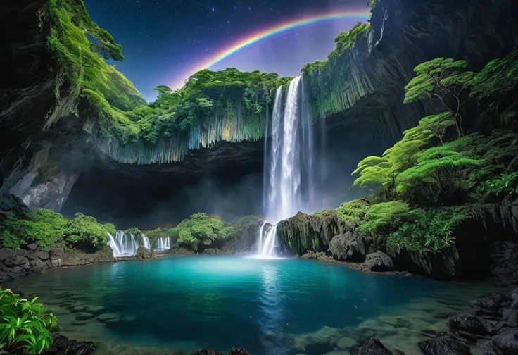 A scene of a huge sparkling waterfall in the center of a mysterious island。The water flowing from the waterfall creates a rainbow、The surrounding rocks and plants reflect the light and sparkle.。There is a mysterious cave deep inside the island.、A faint lig...