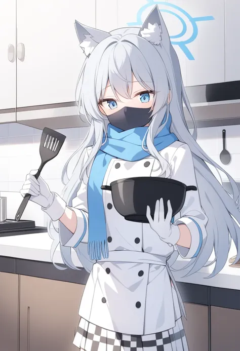 girl，silver long hair, blue eyes, put on chef uniform,wearing a black mask，a sky blue scarf, white gloves, and white plaid skirt...