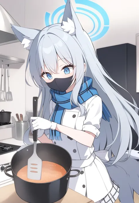 girl，silver long hair, blue eyes, put on chef uniform,wearing a black mask，a sky blue scarf, white gloves, and white plaid skirt...