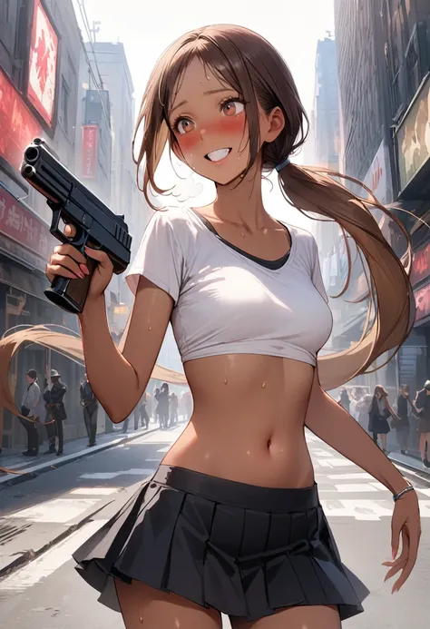 Dynamic gun action scenes、Woman shooting down zombieasterpiece,Highest quality:1.3,best quality illustration)),(realistic),cowboy shot,独奏,1woman,25 year old beauty,brown hair,(low ponytail hair),long hair,bangs,brown eyes,(gorgeous big eyes),((very small h...