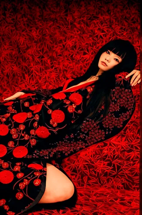 Dark night fog、Dark night fog、Dark night fog、Highest quality,Beautiful Japanese girl in a very elaborate red kimono、Spread your legs and show your vagina、(((((red background))))